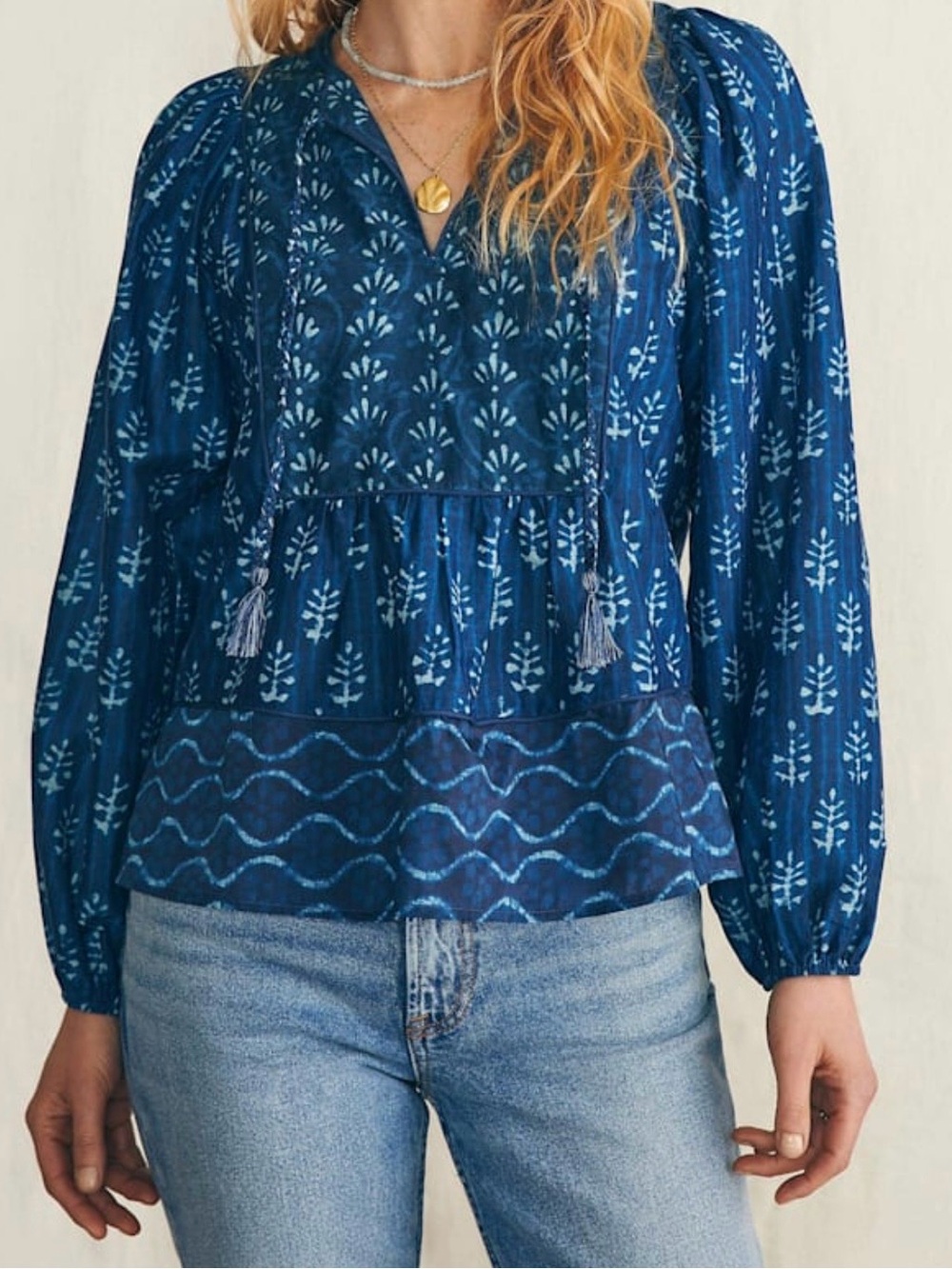 Faherty Solstice Tie Neck Peasant Blouse Boho Hipster Cotton Silk Blue SZ S